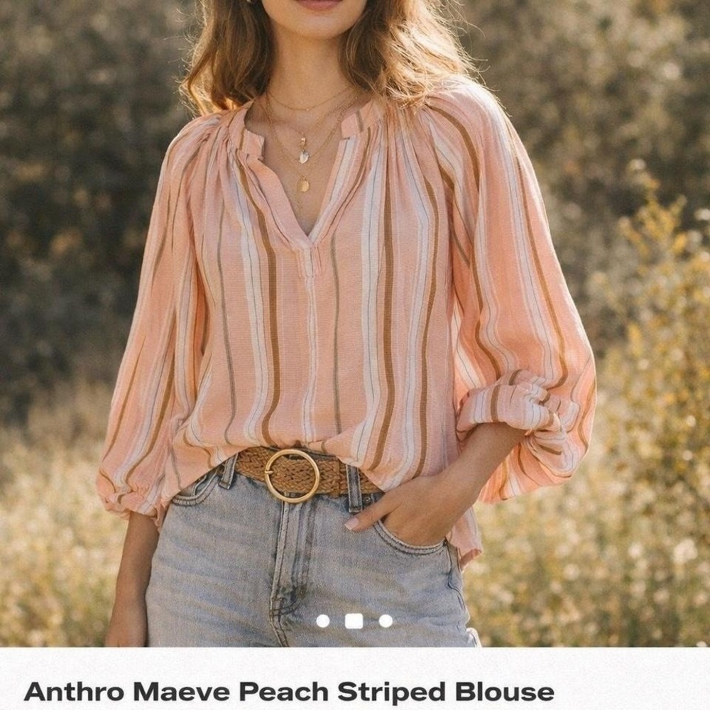 Anthro Maeve Peach Striped Blouse Cottagecore Boho Balloon Sleeve Top XS